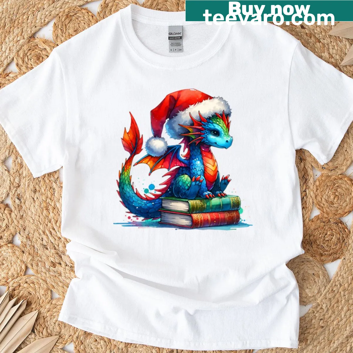 Oversized shirt with a cute dragon and books for Christmas — on a men's t-shirt