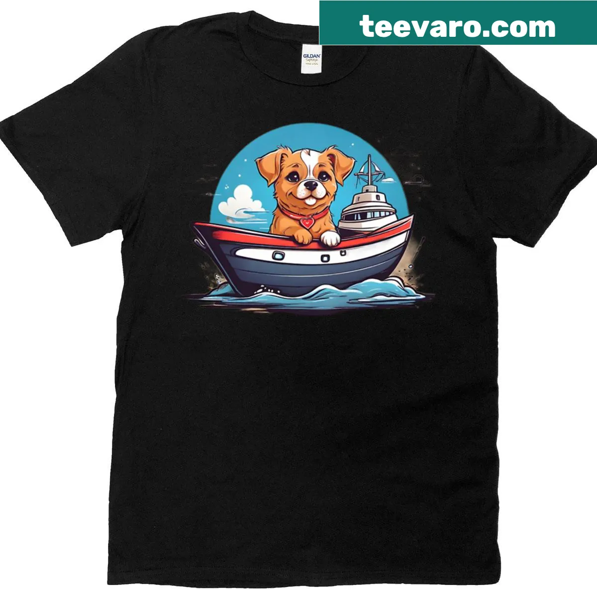 Cute dog illustration aboard a ship on T-shirt — on a men's t-shirt
