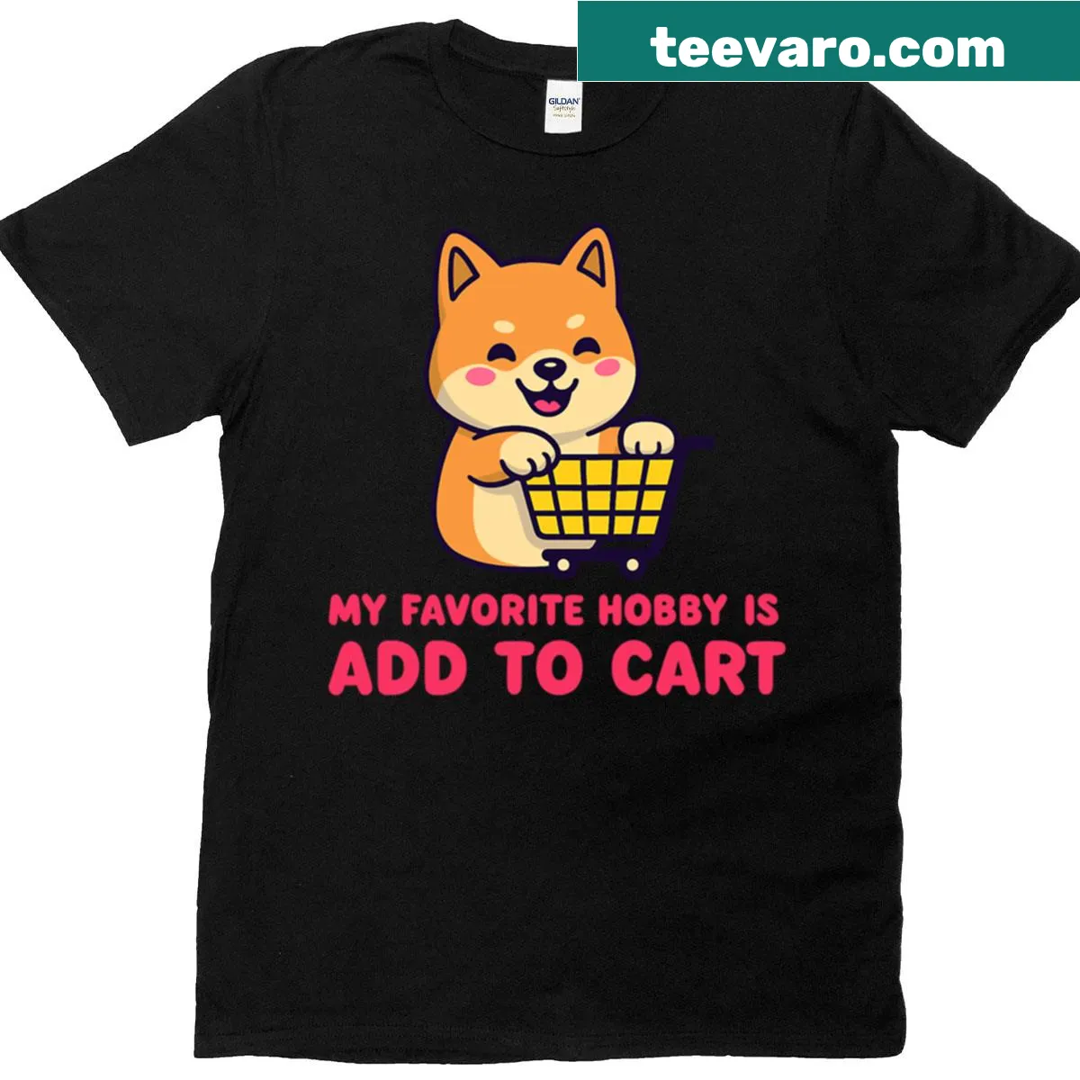 Illustration of a dog making a peace sign with text 'Add to Cart' — on a men's t-shirt