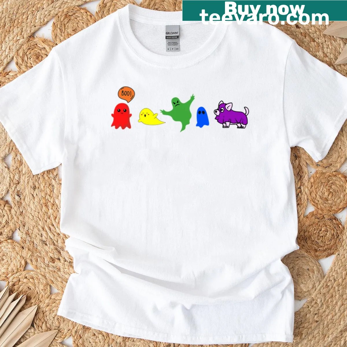T-shirt featuring a fun graphic of LGBTQ flag ghosts and a dog — on a men's t-shirt