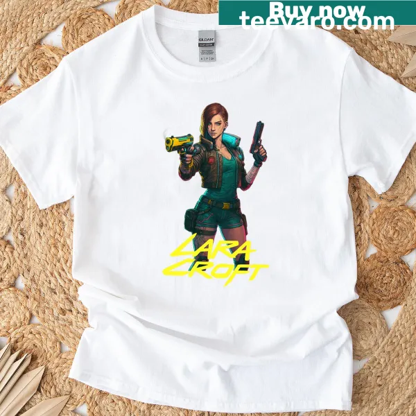 Stylized cyberpunk Lara Croft T-shirt graphic