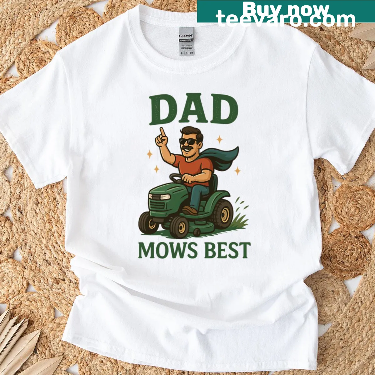 Funny T-shirt with 'Dad Mows Best' text for Father's Day — on a men's t-shirt