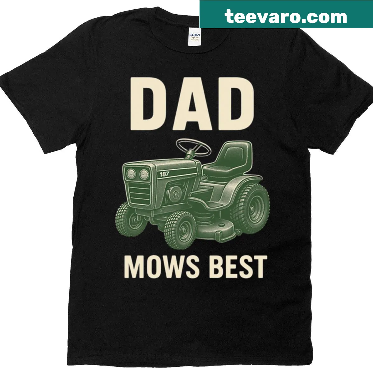 Text 'Dad Mows Best' with lawn mower graphics for Father's Day — on a men's t-shirt