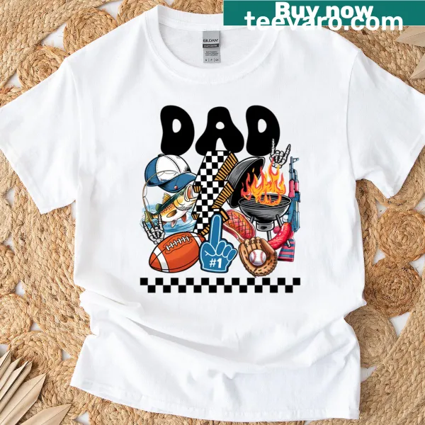 Graphic T-shirt showing dad's love for fishing, grilling, and rock music