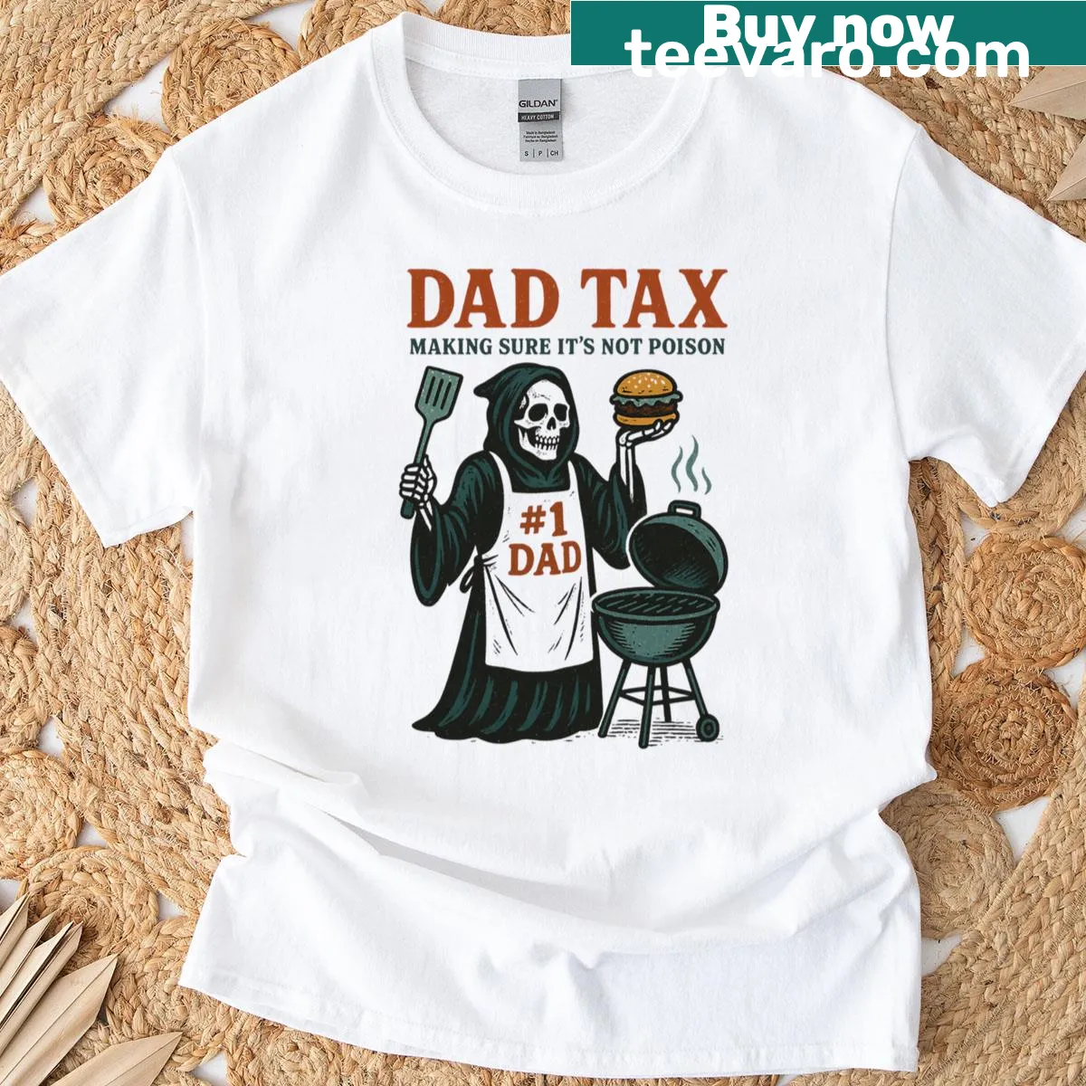 Funny skeleton-themed Dad Tax T-shirt with food humor — on a men's t-shirt