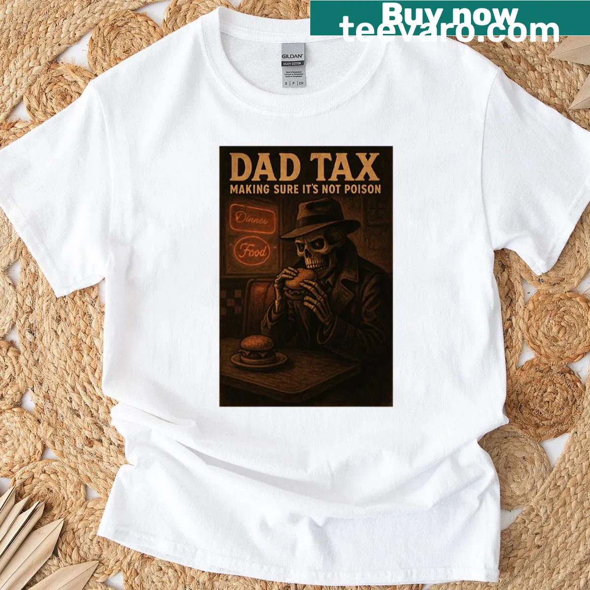 Funny Dad Tax T-shirt with food humor for fathers — on a men's t-shirt