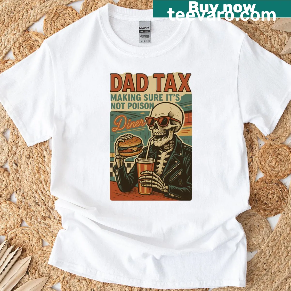 Funny skeleton dad T-shirt with Dad Tax food humor — on a men's t-shirt