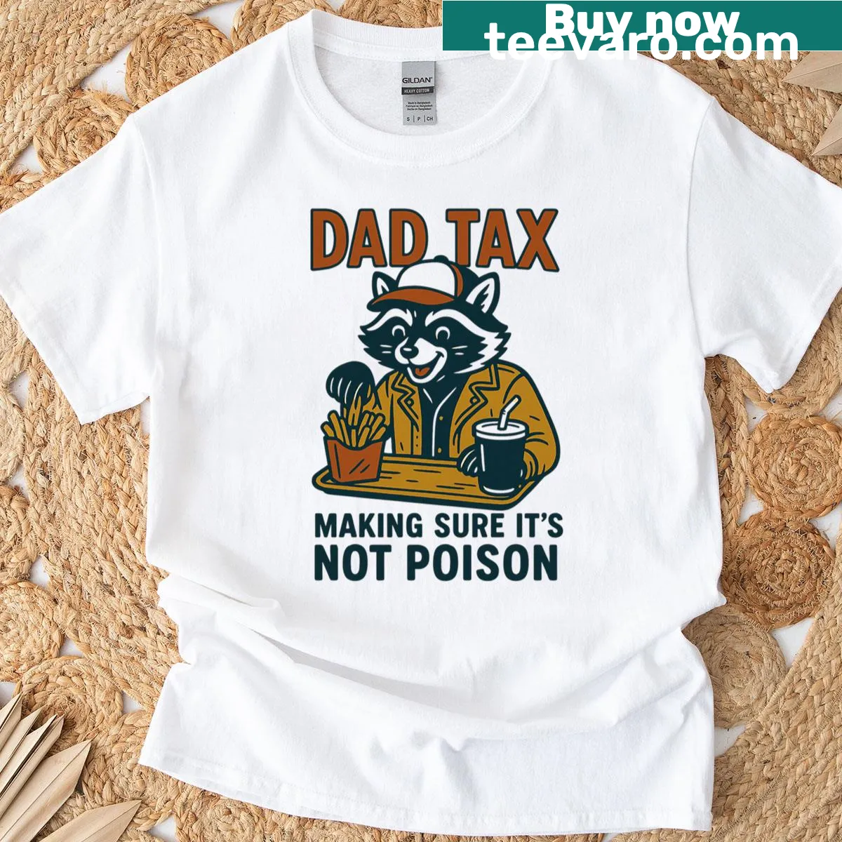 Funny raccoon graphic T-shirt featuring Dad Tax humor — on a men's t-shirt