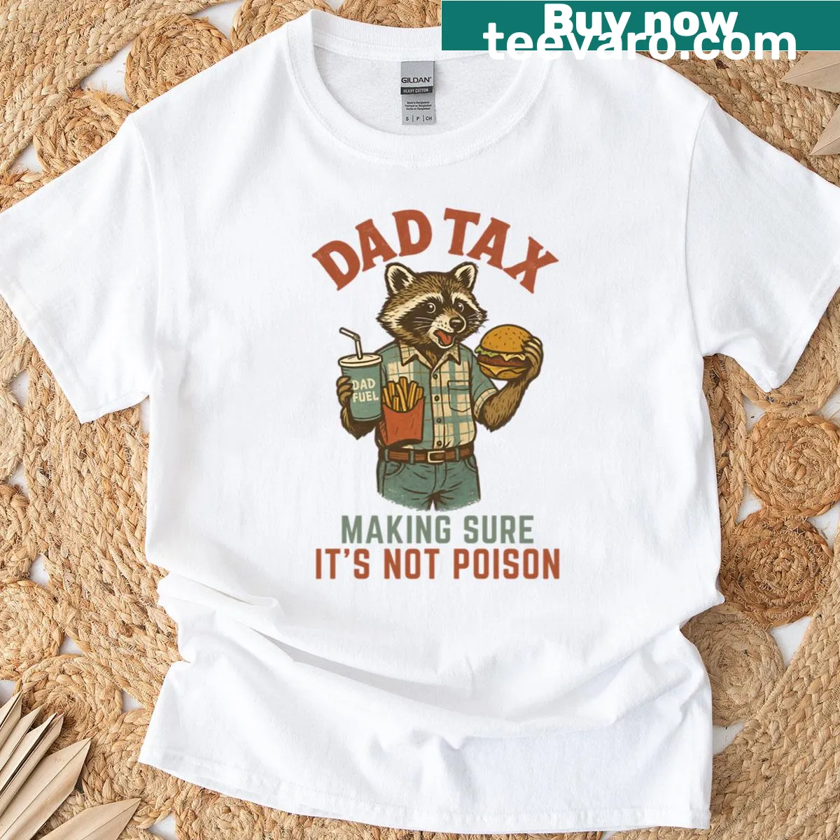 Funny Dad Tax T-shirt with raccoon graphic and food humor — on a men's t-shirt