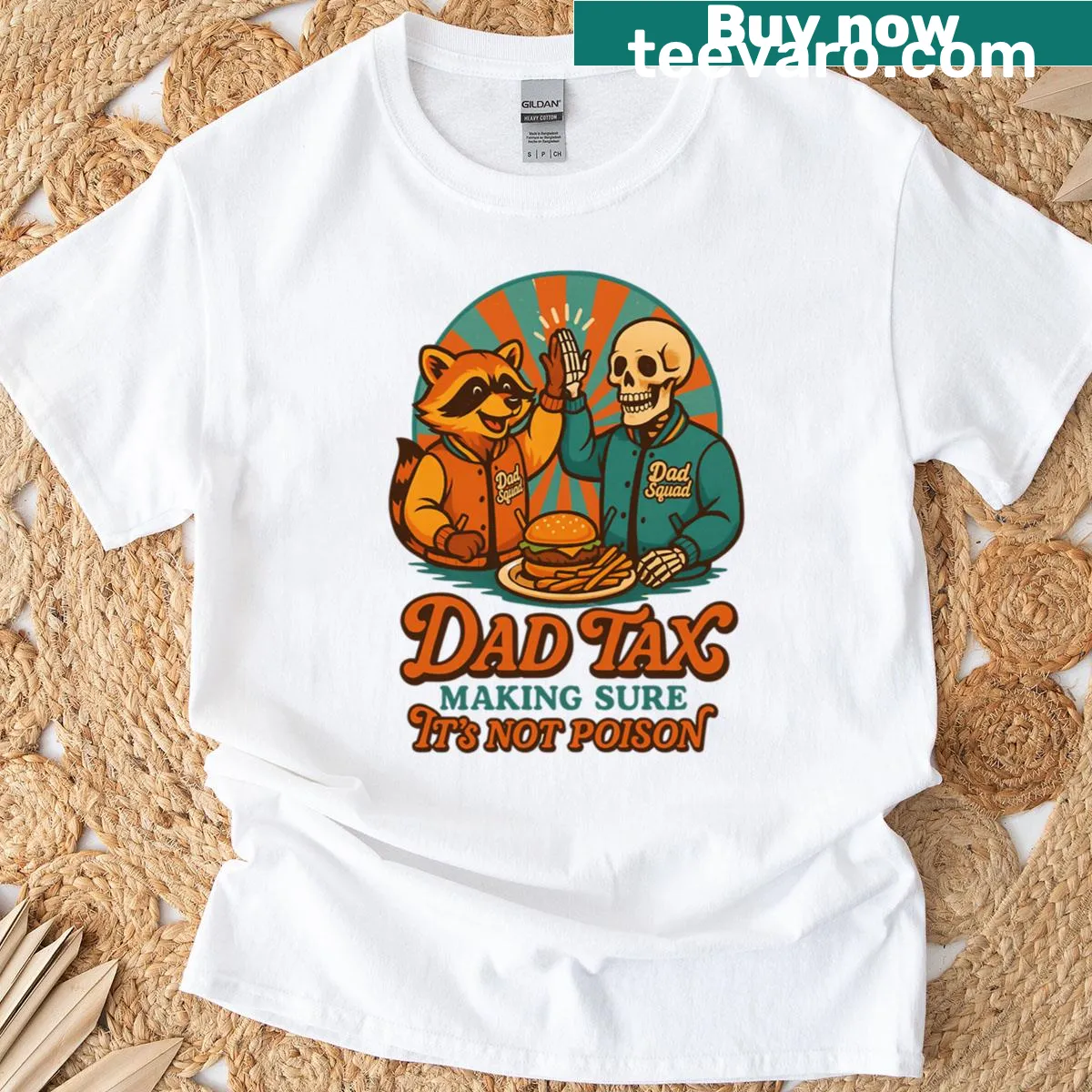 Funny raccoon and skeleton dad graphic T-shirt — on a men's t-shirt