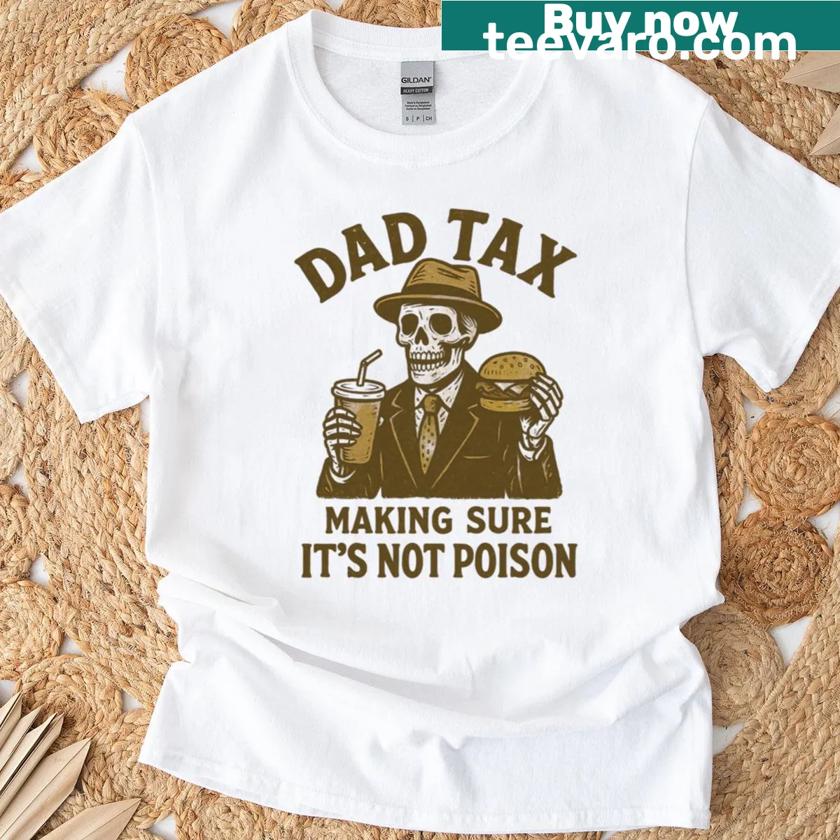 Funny T-shirt with skeleton and 'Dad Tax' theme — on a men's t-shirt