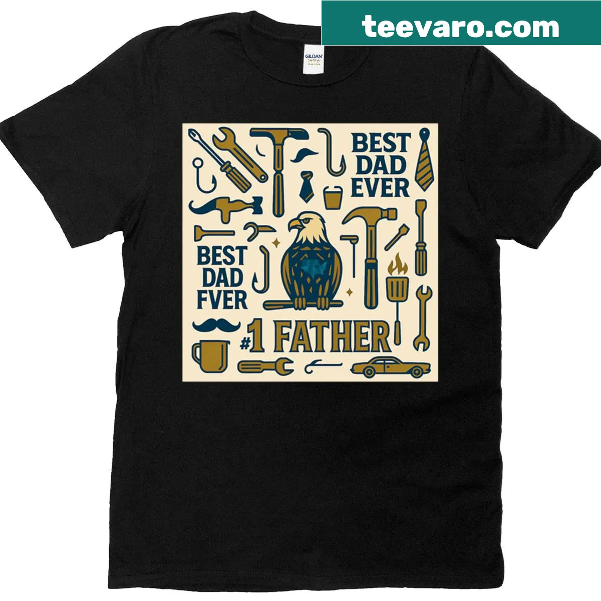Dad tools and hobbies seamless pattern T-shirt — on a men's t-shirt