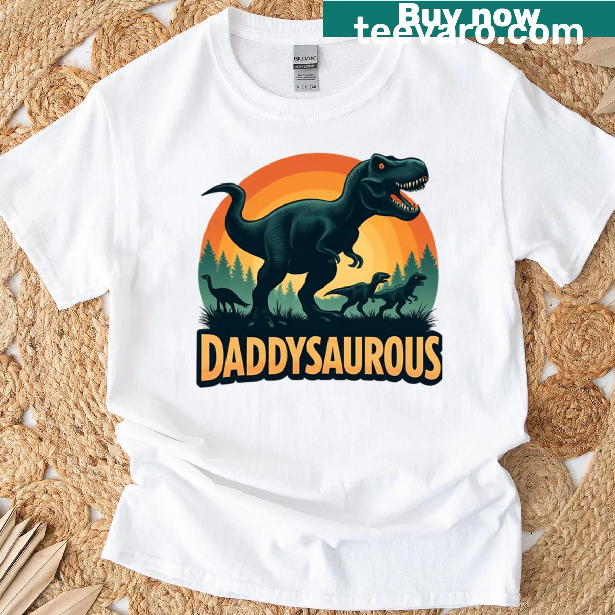 Dino-themed T-shirt for dads featuring a cute T-Rex — on a men's t-shirt