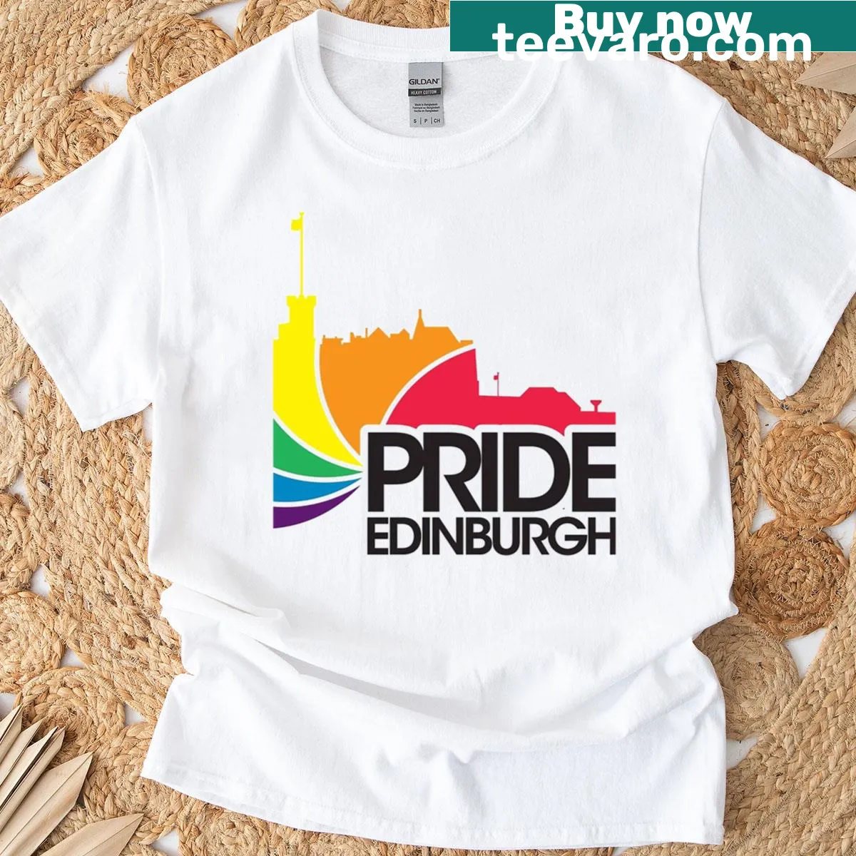Edinburgh Gay Pride t-shirt with bold LGBTQ+ text — on a men's t-shirt
