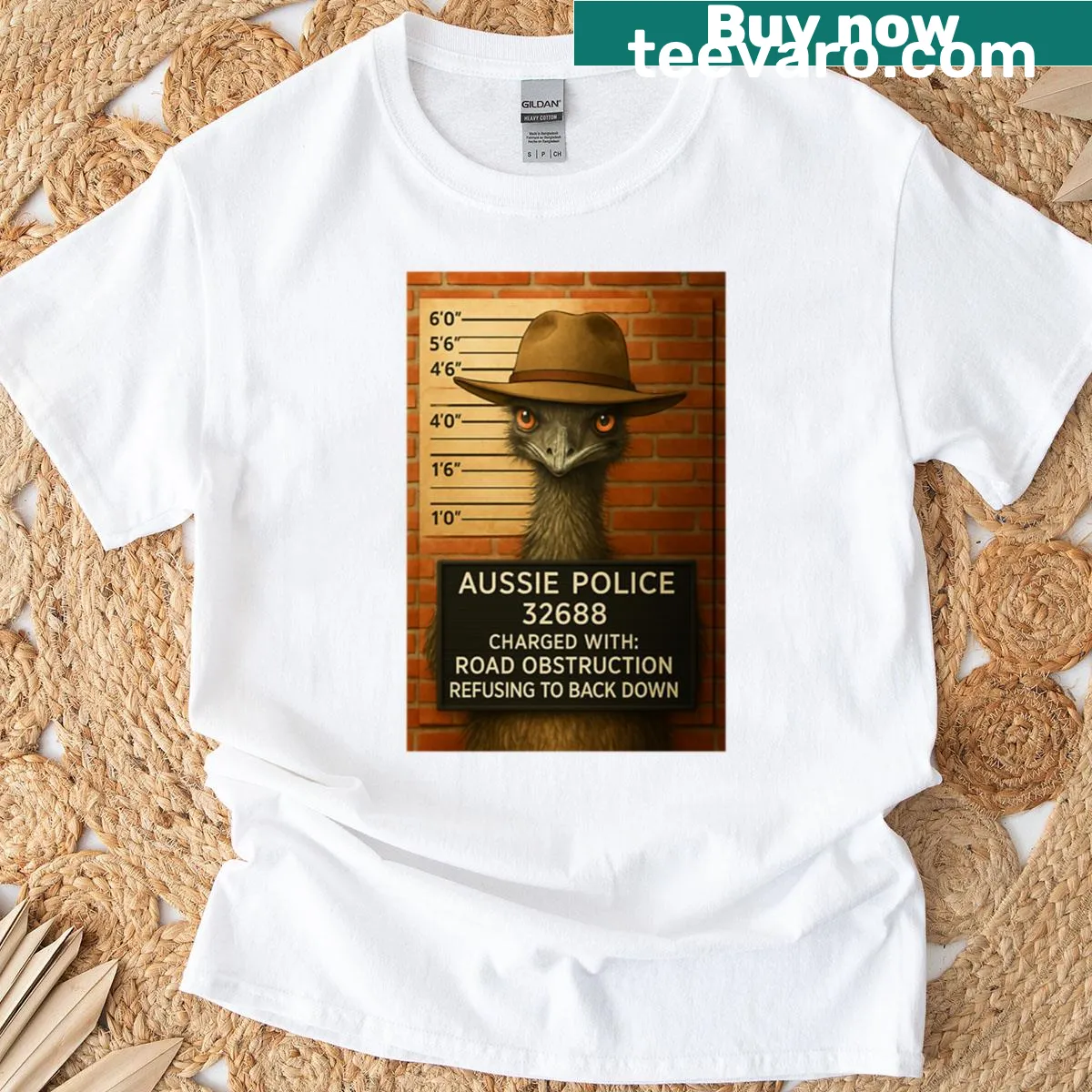 Funny emu mugshot T-shirt with cartoon artwork — on a men's t-shirt