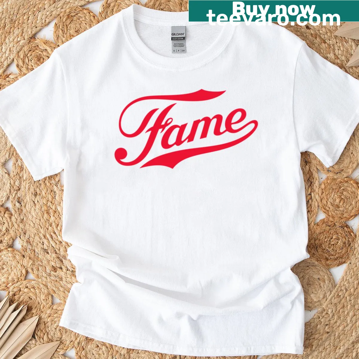 Bold Fame typography T-shirt in a simple design. — on a men's t-shirt