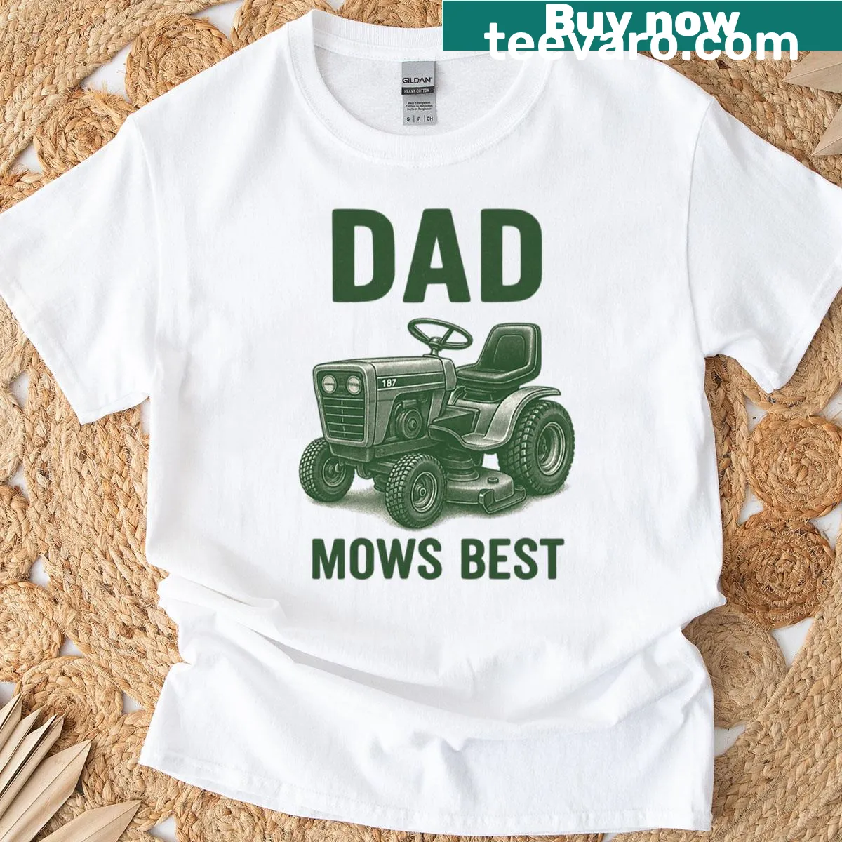 Funny dad humor t-shirt with lawn mower illustrations — on a men's t-shirt