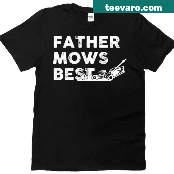 Retro-style T-shirt featuring 'Father Mows Best' gardening theme