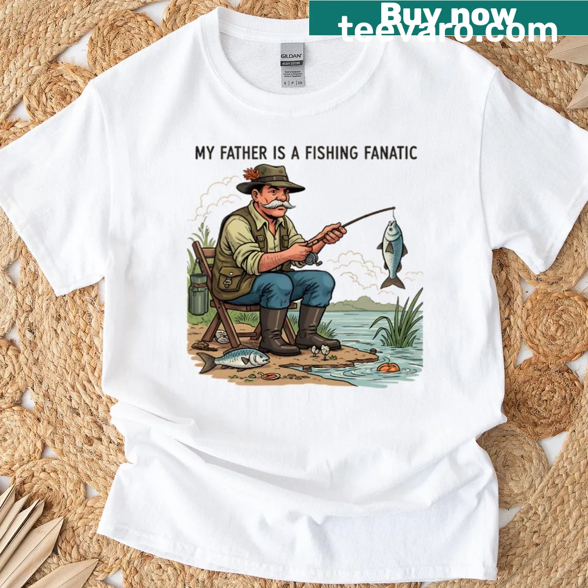 Oversized t-shirt for dads featuring playful fishing graphics — on a men's t-shirt