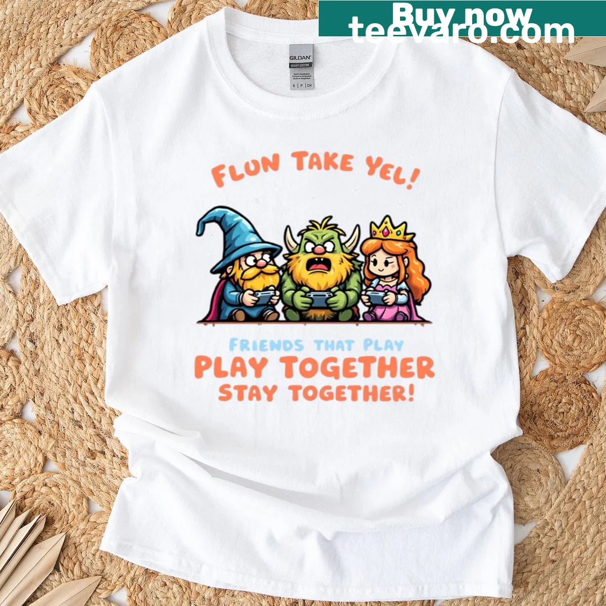 T-shirt with 'Take Ye Friends That Game Together Stay Together' saying — on a men's t-shirt