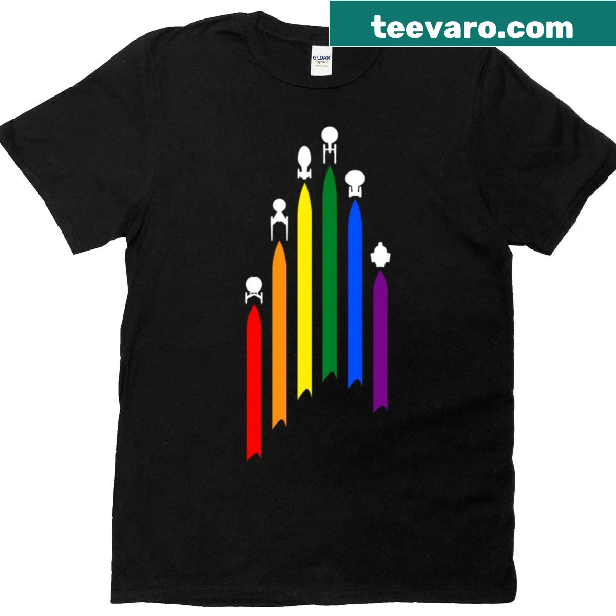 T-shirt featuring a whimsical flying ship and pride elements — on a men's t-shirt