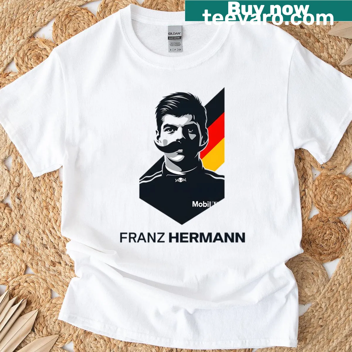 Oversized T-shirt featuring meme art of a race car driver and German flag — on a men's t-shirt