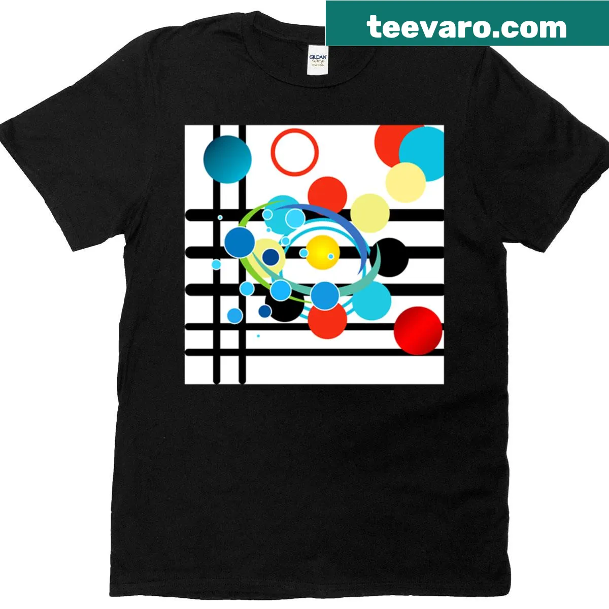 Abstract typography t-shirt with stripes and bubbles design — on a men's t-shirt