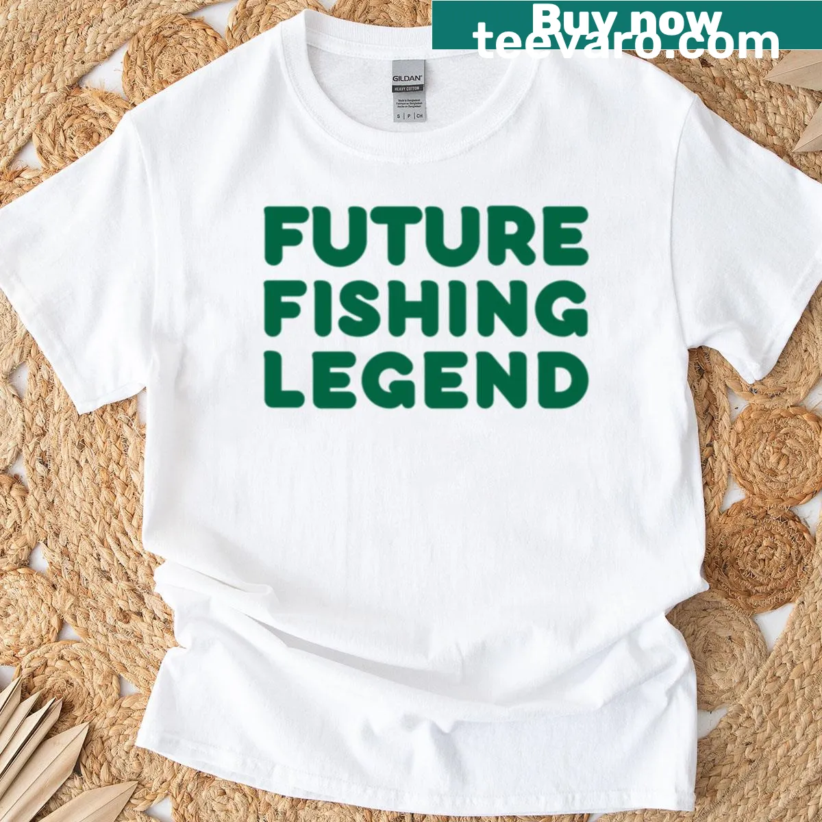 Hand-lettered 'Future Fishing Legend' graphic shirt — on a men's t-shirt