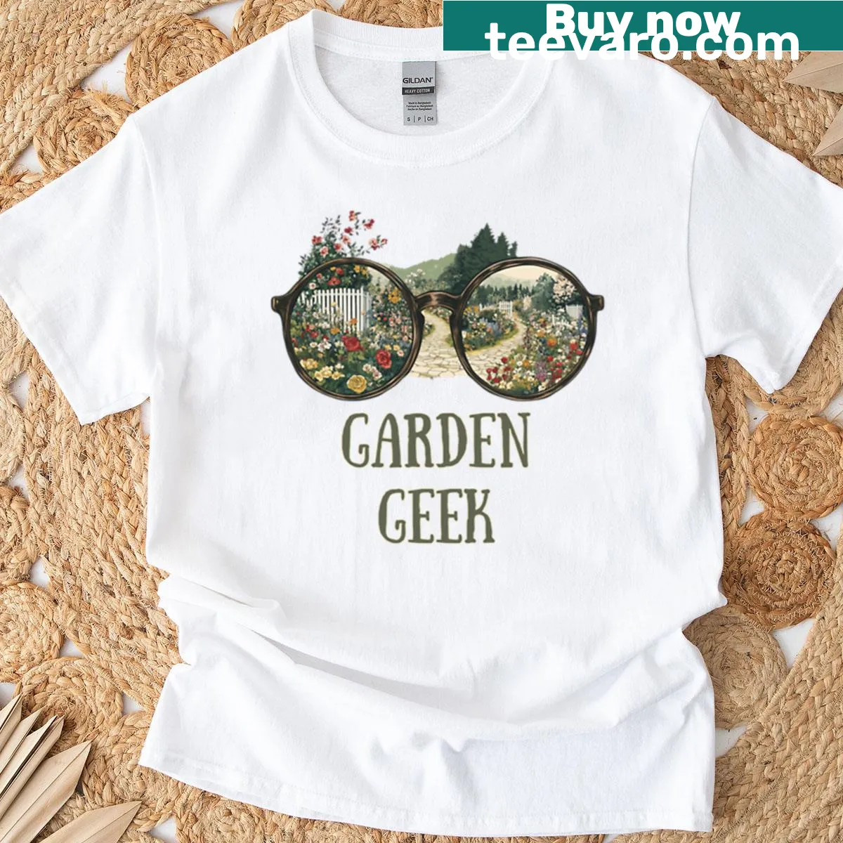 Whimsical garden illustration on oversized tee — on a men's t-shirt