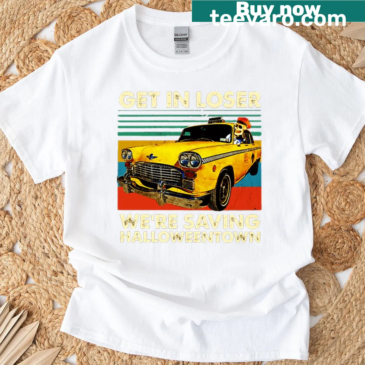 Humorous Halloween Town skull car drive T-shirt design — on a men's t-shirt