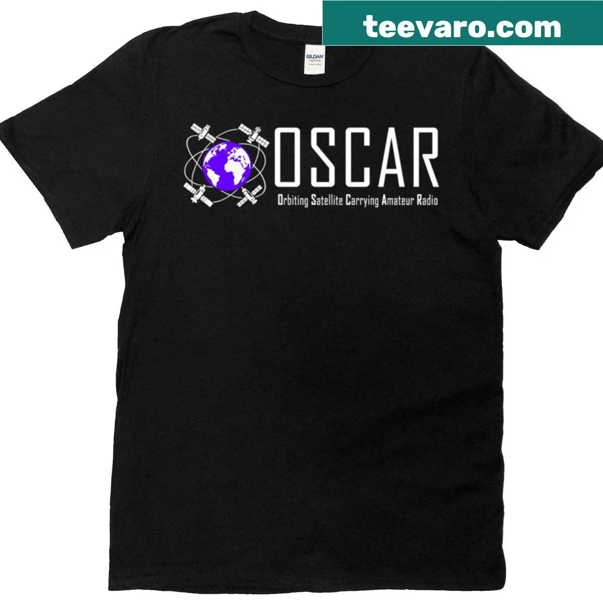 Amateur radio T-shirt featuring an orbiting satellite with radio elements — on a men's t-shirt