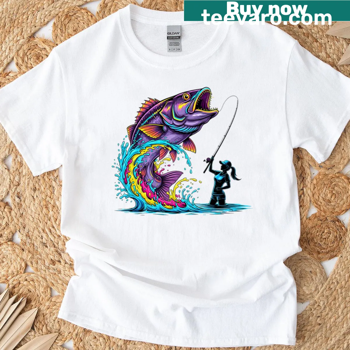 T-shirt for female anglers featuring a bass and outdoors design — on a men's t-shirt