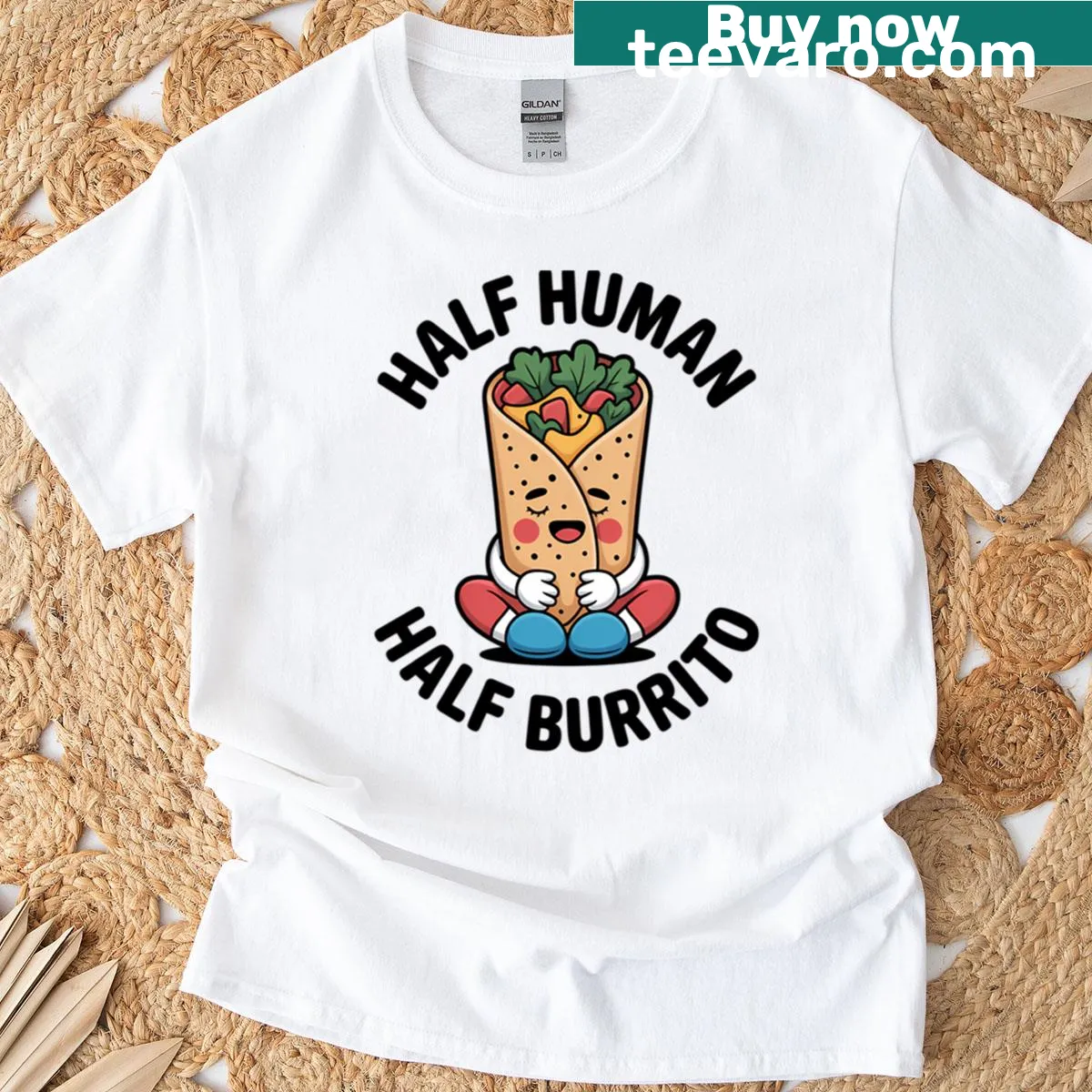 Funny design featuring a half human half burrito in a cartoon style — on a men's t-shirt