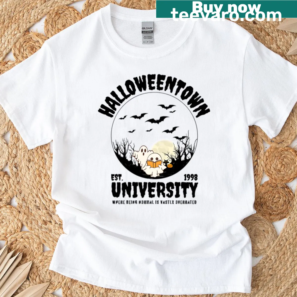 Oversized Halloweeentown University Halloween-themed t-shirt design — on a men's t-shirt