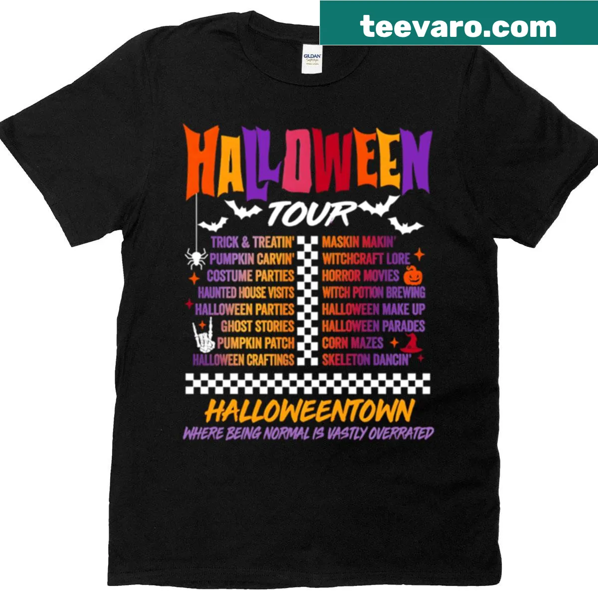 Halloween-themed T-shirt with a whimsical tour list design — on a men's t-shirt