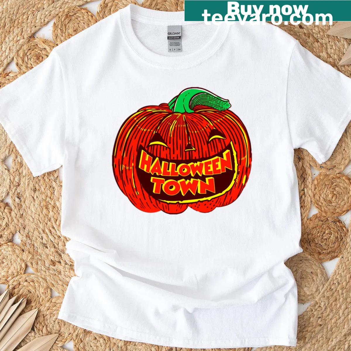 Crest emblem design Halloweentown t-shirt celebrating Halloween spirit. — on a men's t-shirt