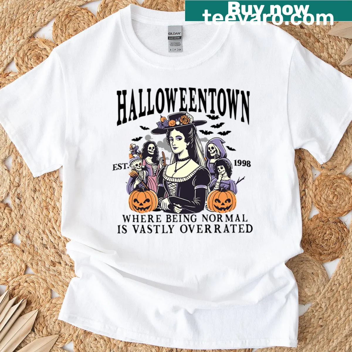 Commemorative T-shirt with Halloween Town established date design — on a men's t-shirt