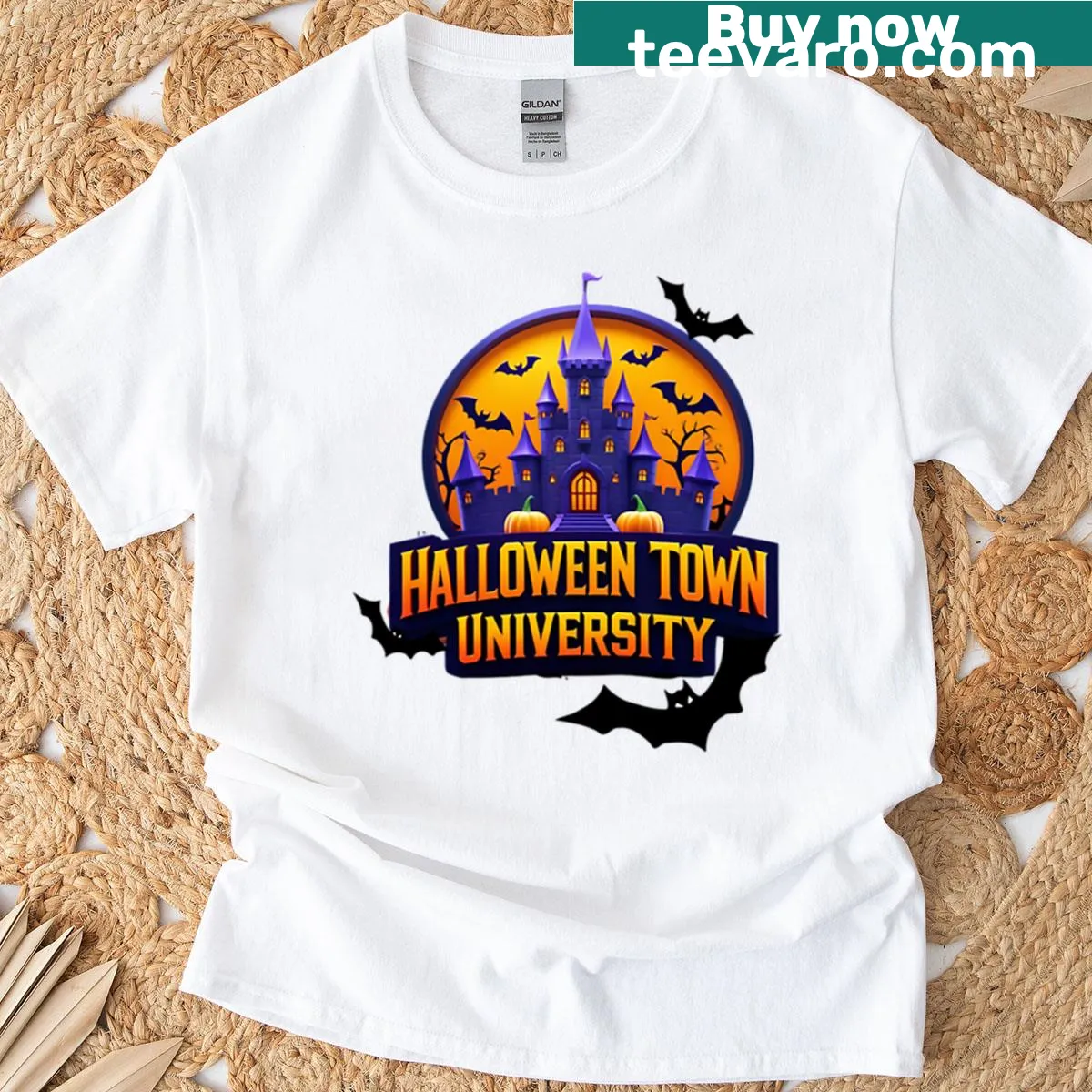 Halloween Town University T-shirt with whimsical design — on a men's t-shirt