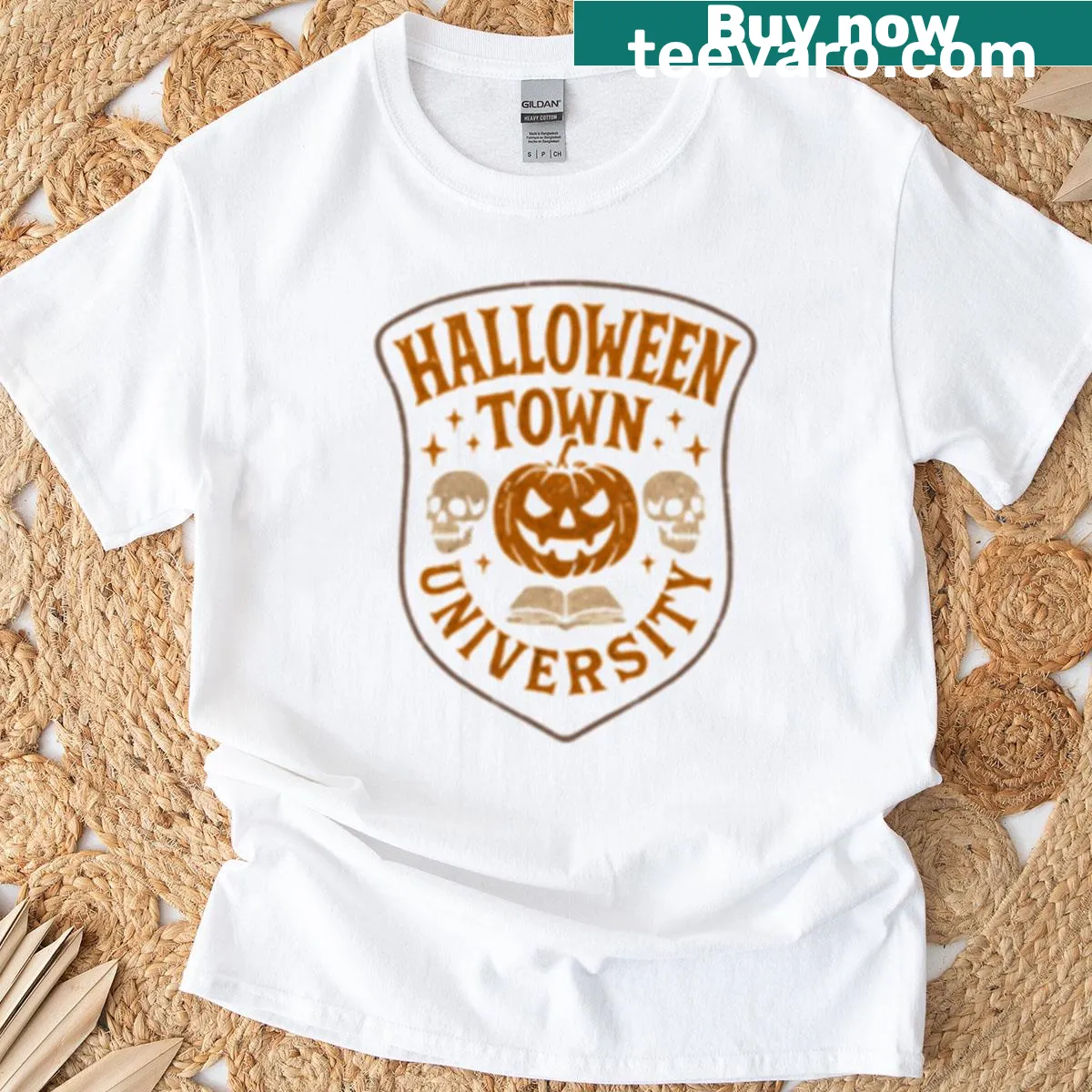 Halloween Town University Collegiate Crest T-shirt with emblem design — on a men's t-shirt