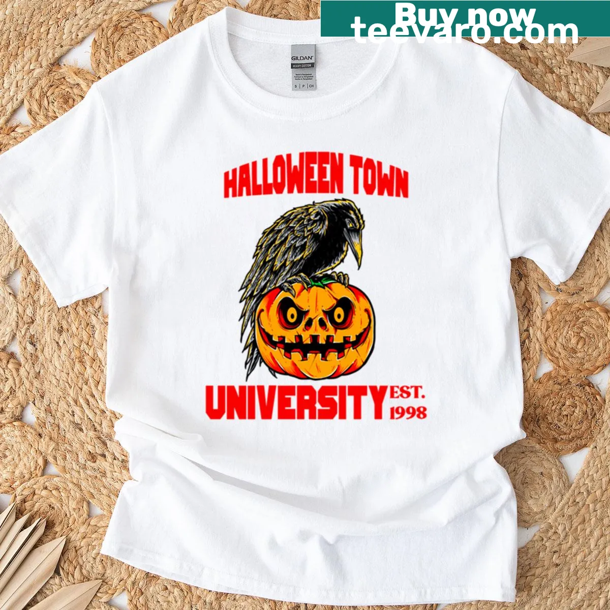 Cheerful pumpkin design on Halloween Town University T-shirt — on a men's t-shirt