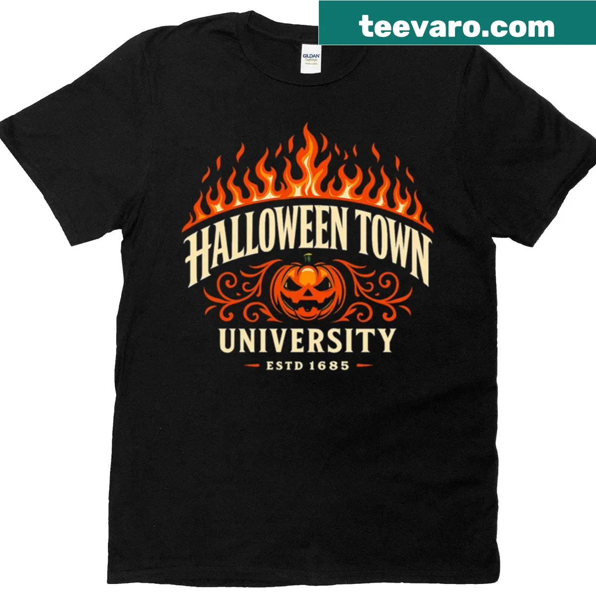Halloween Town University Fiery Legacy t-shirt with themed design — on a men's t-shirt