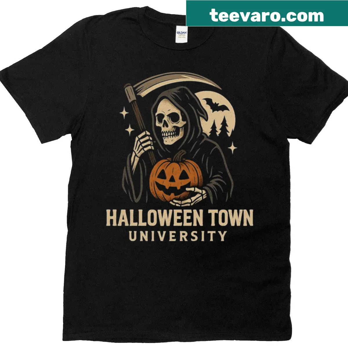 Harvest Guardian illustration on Halloween Town University T-shirt. — on a men's t-shirt