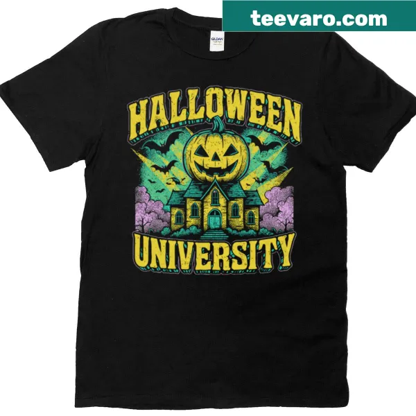 Illustration of Halloween Town University's haunted campus on a t-shirt