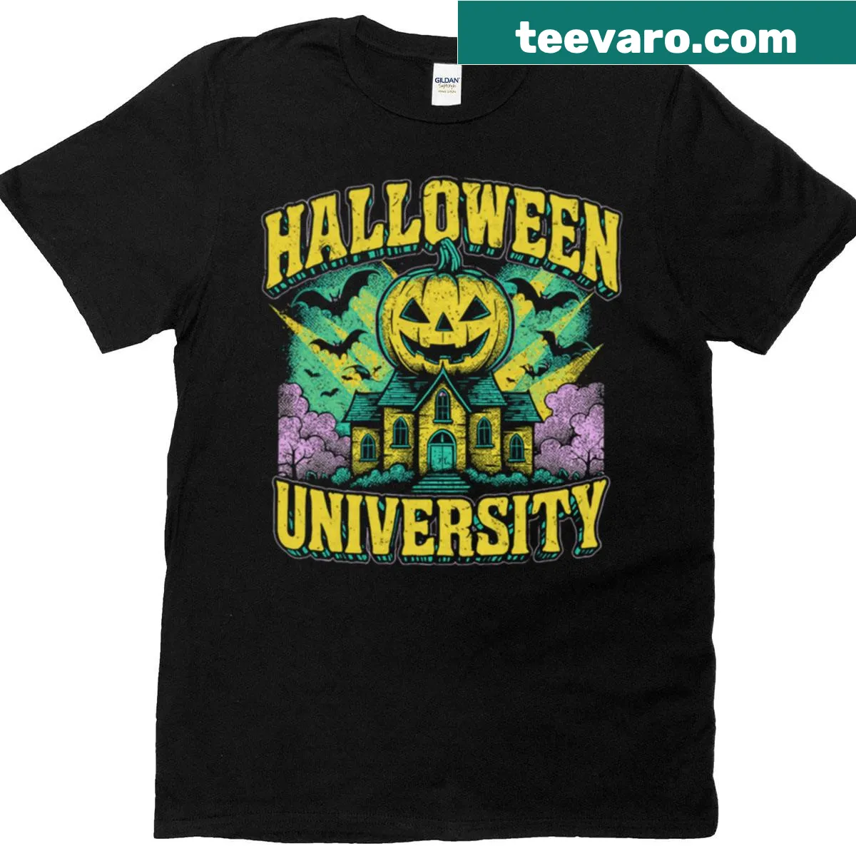 Illustration of Halloween Town University's haunted campus on a t-shirt — on a men's t-shirt