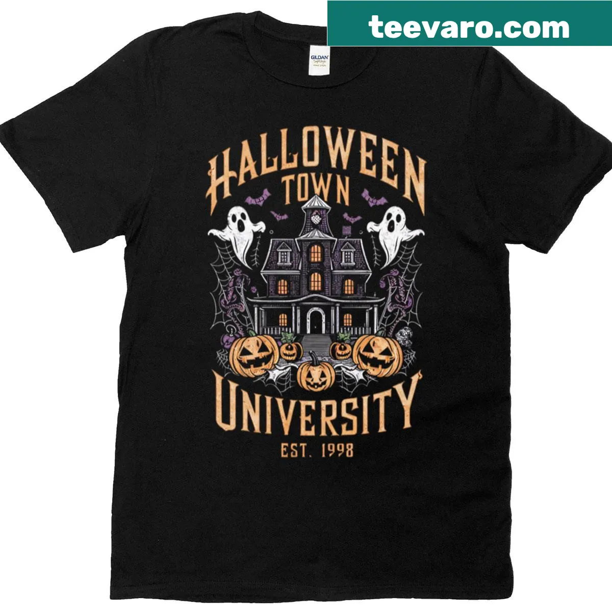 Haunted House design on Halloween Town University T-shirt. — on a men's t-shirt