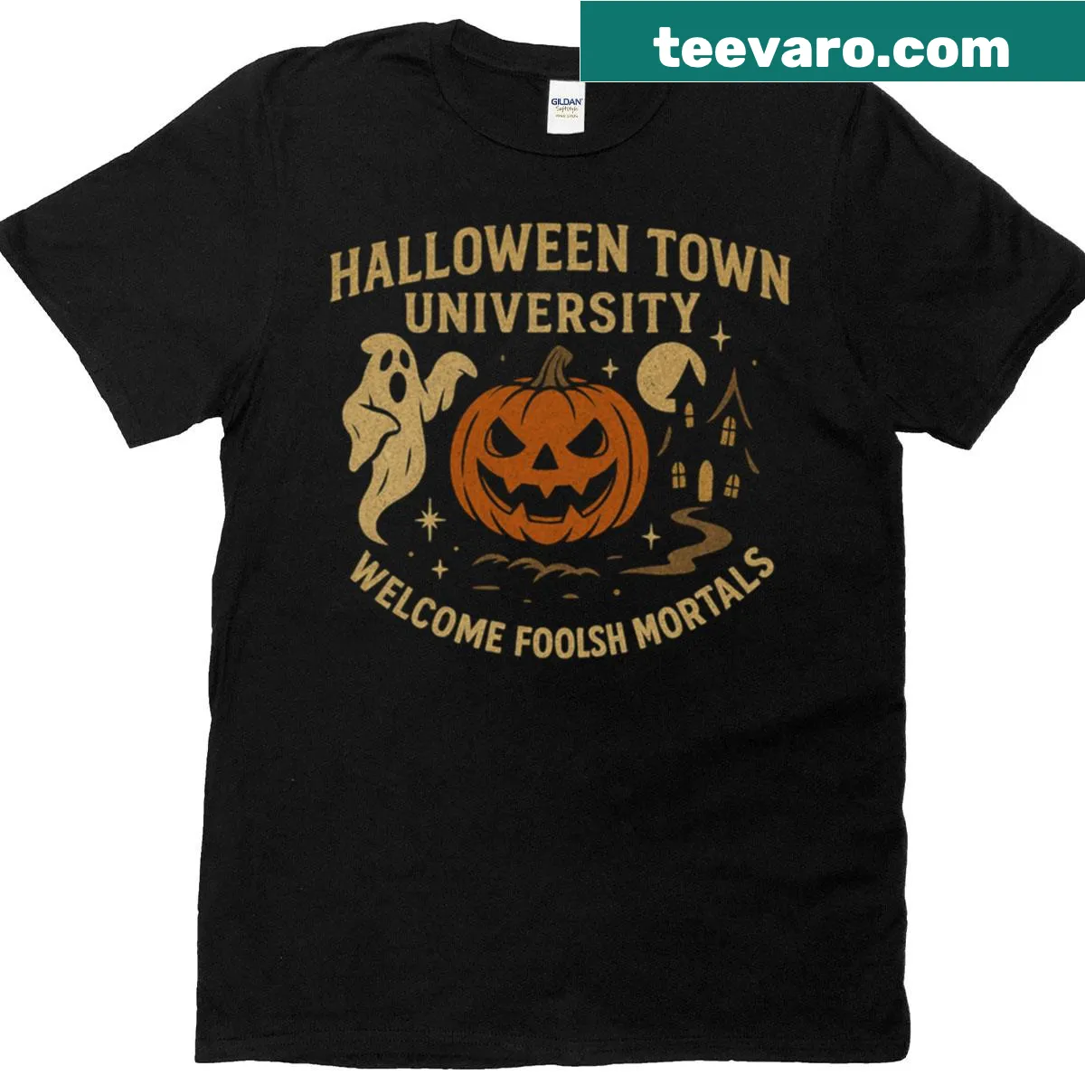 Mortal Welcome illustration on Halloween Town University T-shirt. — on a men's t-shirt