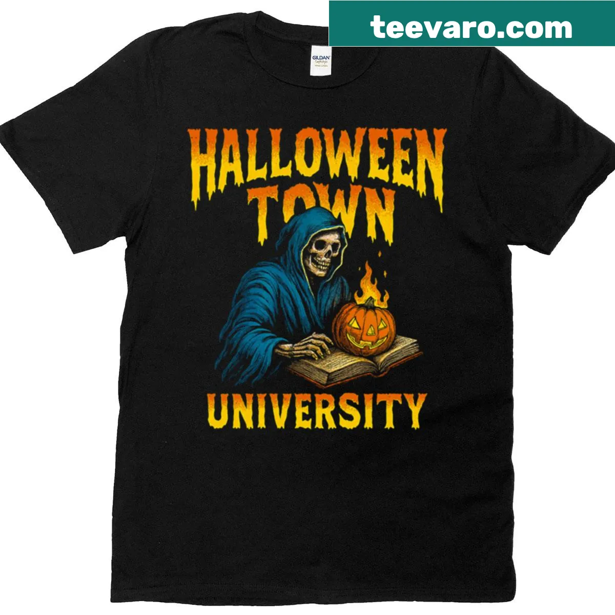 Badge emblem of Scholar on Halloween Town University t-shirt — on a men's t-shirt