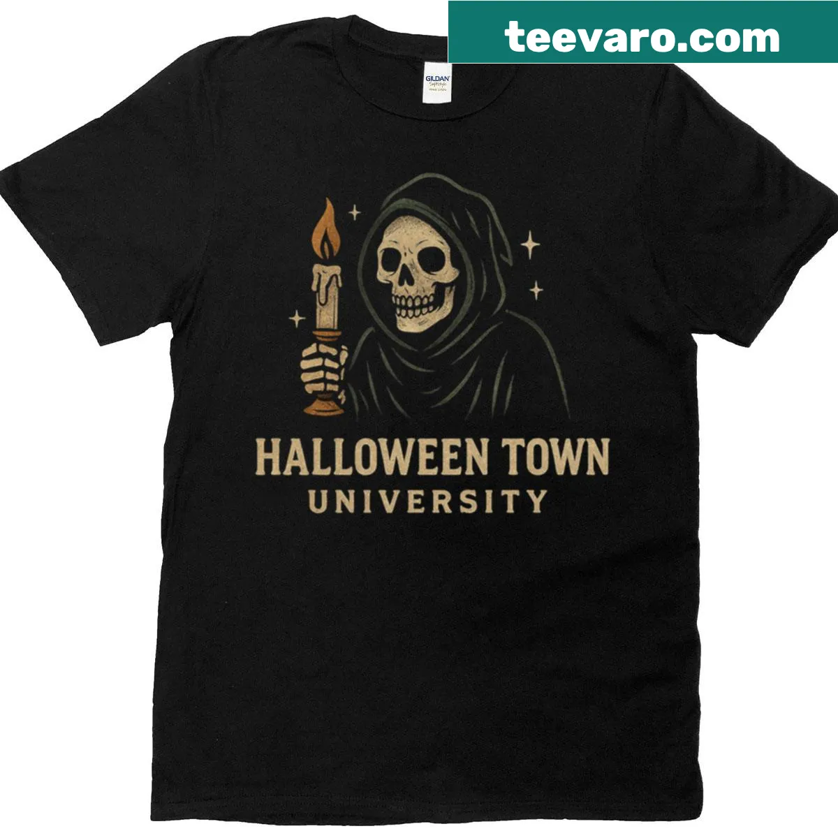 Illustration of Sentinel emblem on Halloween Town University t-shirt — on a men's t-shirt