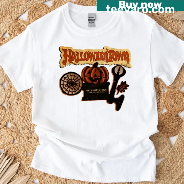 Artistic drawing of Halloweentown on a t-shirt