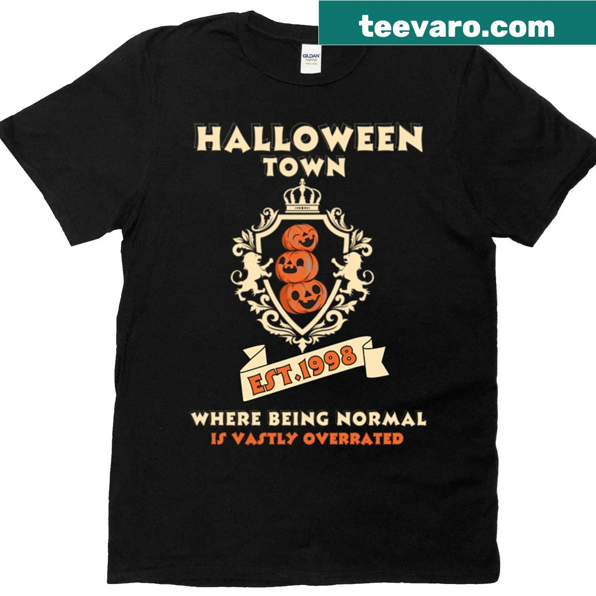 Halloweentown University T-shirt with pumpkin design and established year — on a men's t-shirt